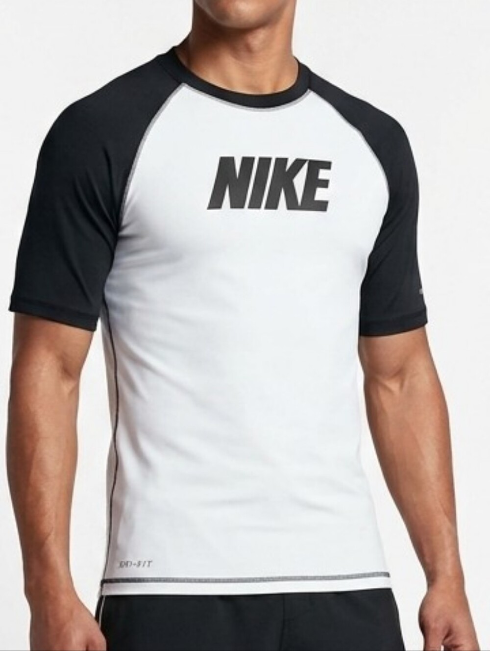 Nike Swim Mens Large Rash Guard Shirt White Black Short Sleeve UPF 40+ NESS7525